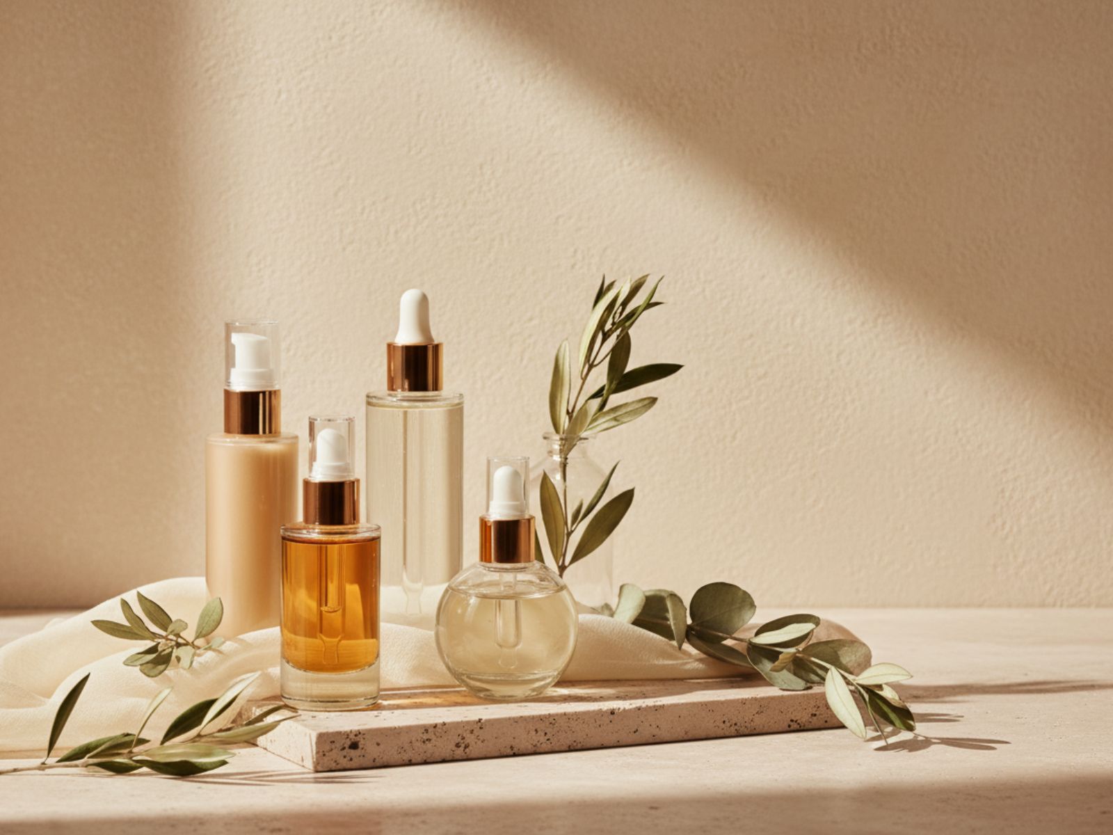 Minimal skincare bottles styled on a neutral surface in soft natural light