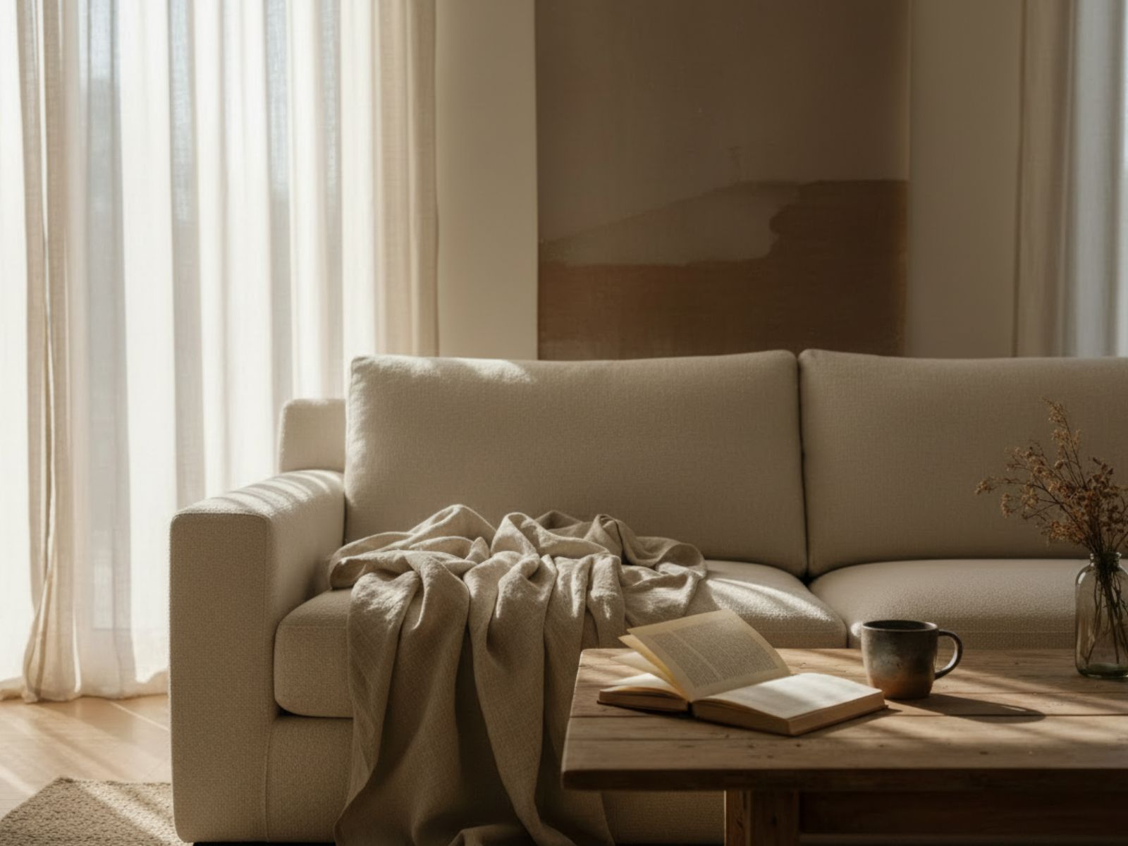 A softly lit scene with a cozy chair, open book, and warm neutral textiles creating a calm everyday moment