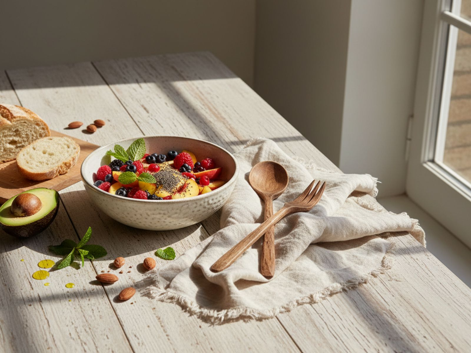 A simple food focused still life with fresh ingredients and neutral textures in soft natural light